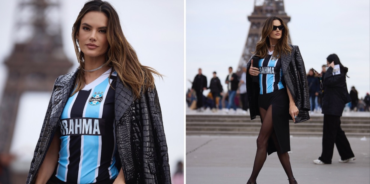 em ação da brahma, alessandra ambrósio veste camisa do grêmio na paris fashion week