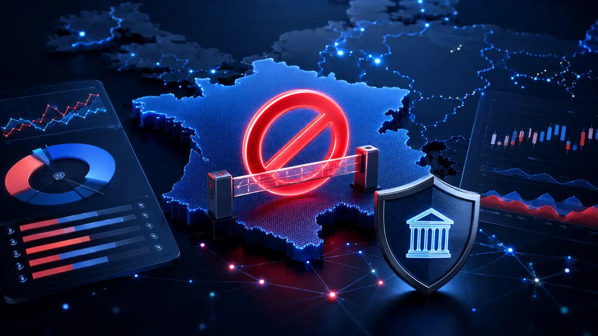 Mapa digital da França com símbolo de bloqueio regulatório e gráficos de mercado de previsão