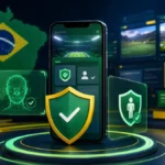 Celular com verificação de idade e símbolos de proteção ao consumidor no mercado brasileiro de apostas